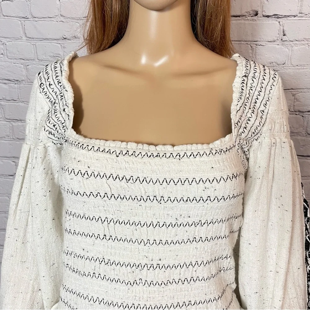 NWT New $148 Free People Maggie Embroidered Shirred Ivory Blouse Top Size M